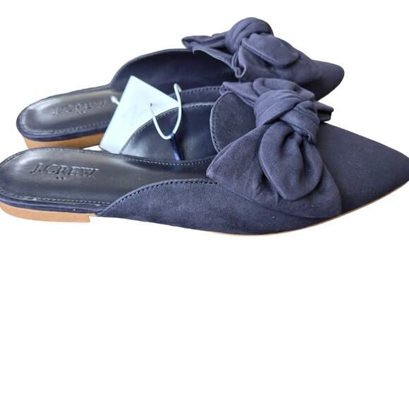 J. Crew Factory Navy Bow Microsuede Flat Pointed Toe Mules Size 8M NWT - Picture 2 of 9